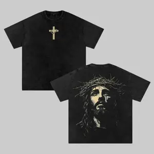 Men's Classic Soft Seamless Cotton Short-Sleeve T-Shirt - Baggy Washed Menswear with Jesus Crown of Thorns Print, Christian Easter Graphic Top, Gym Pump Cover, Hoodie Option
