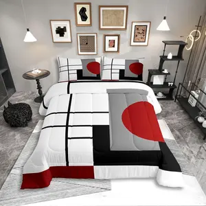 White Black Red Striped Bedding Set,for Adult Women Men Boho Modern Geometric Abstract Comforter Set,Stripes Lines Quilt Set,Minimalist Square and Circle Bed Collections