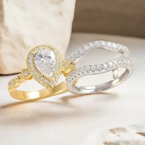 Couple's Creative Three-Layer Inlaid Waterdrop Pear-Shaped Cubic Zirconia Ring Set (2 Pcs) - Stylish Women's Engagement Jewelry, Valentine's Day Gift