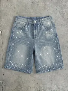 Men's Rhinestone Jean Shorts, Vintage Light Blue Washed Loose Fit, Full Rhinestones Pearl Decor, Streetwear Fashion Y2K Hip Hop Summer Pants