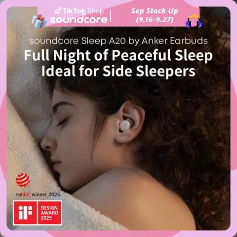 soundcore Sleep A20 Wireless In-Ear Headphones by Anker, 30dB High-Frequency Noise Reduction, Small Earplugs for Side Sleepers, 80 Hours Playtime, Bluetooth 5.3 Streaming, Sleep Monitor, Personal Alarm #tiktokshopsummersale