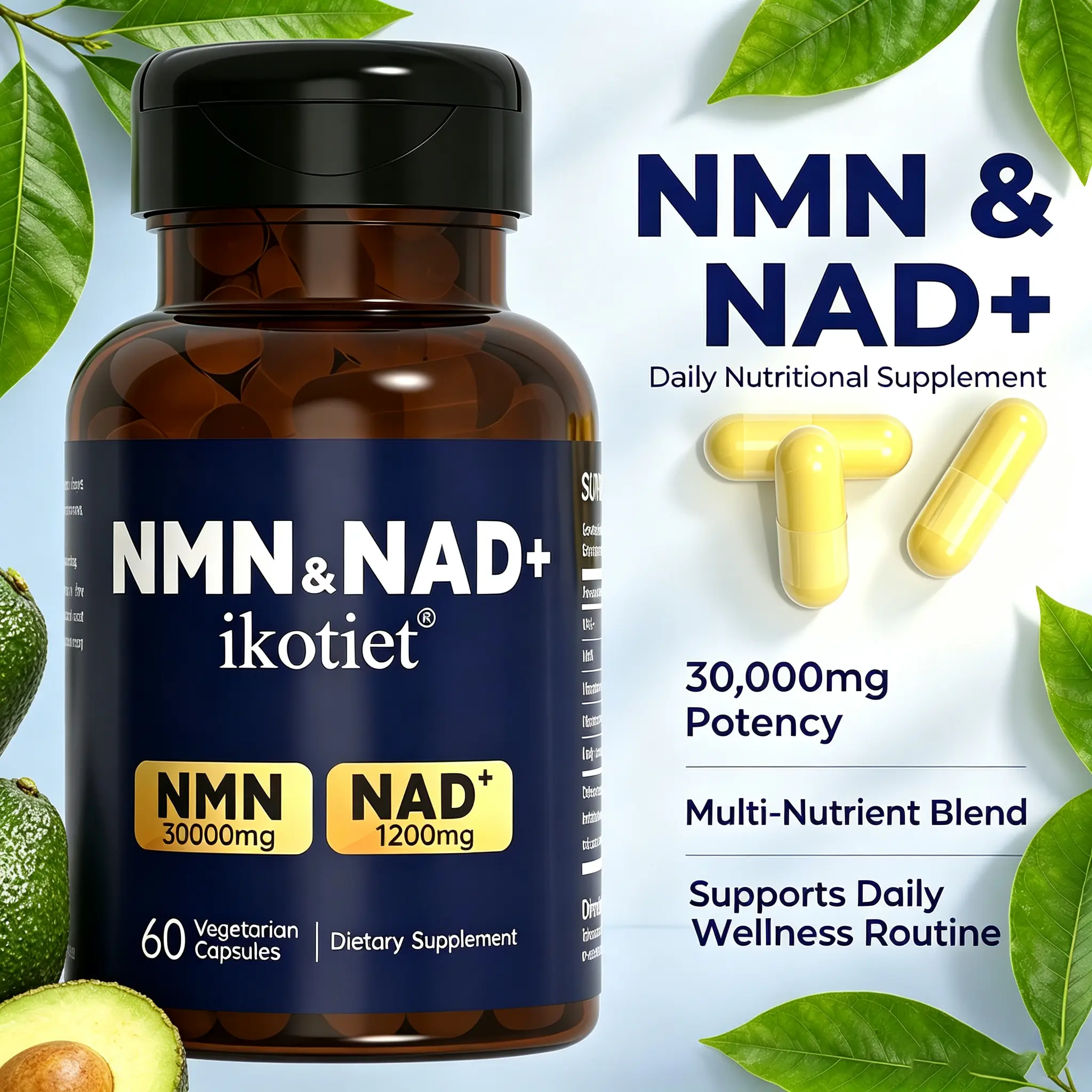 ikotiet NMN Dietary Supplement with NAD+ and Nicotinamide Riboside, 4-in-1 Upgraded Formula (NMNH Alternative), Dual Benefits, 30-Day Supply, 60 Third-Party Tested Capsules for Cellular Energy & Anti-Aging Support