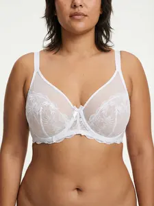 Plus Size Lace Unlined Everyday Bras for Women, Unpadded Mesh Full Coverage Bras for Women, Floral Minimizer Bras for Women Plus Size