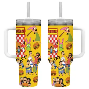 Retro Burgers 40oz Tumbler with Handle, Cartoon Family Cup, Burger Menu Design, Funny Animation Gift