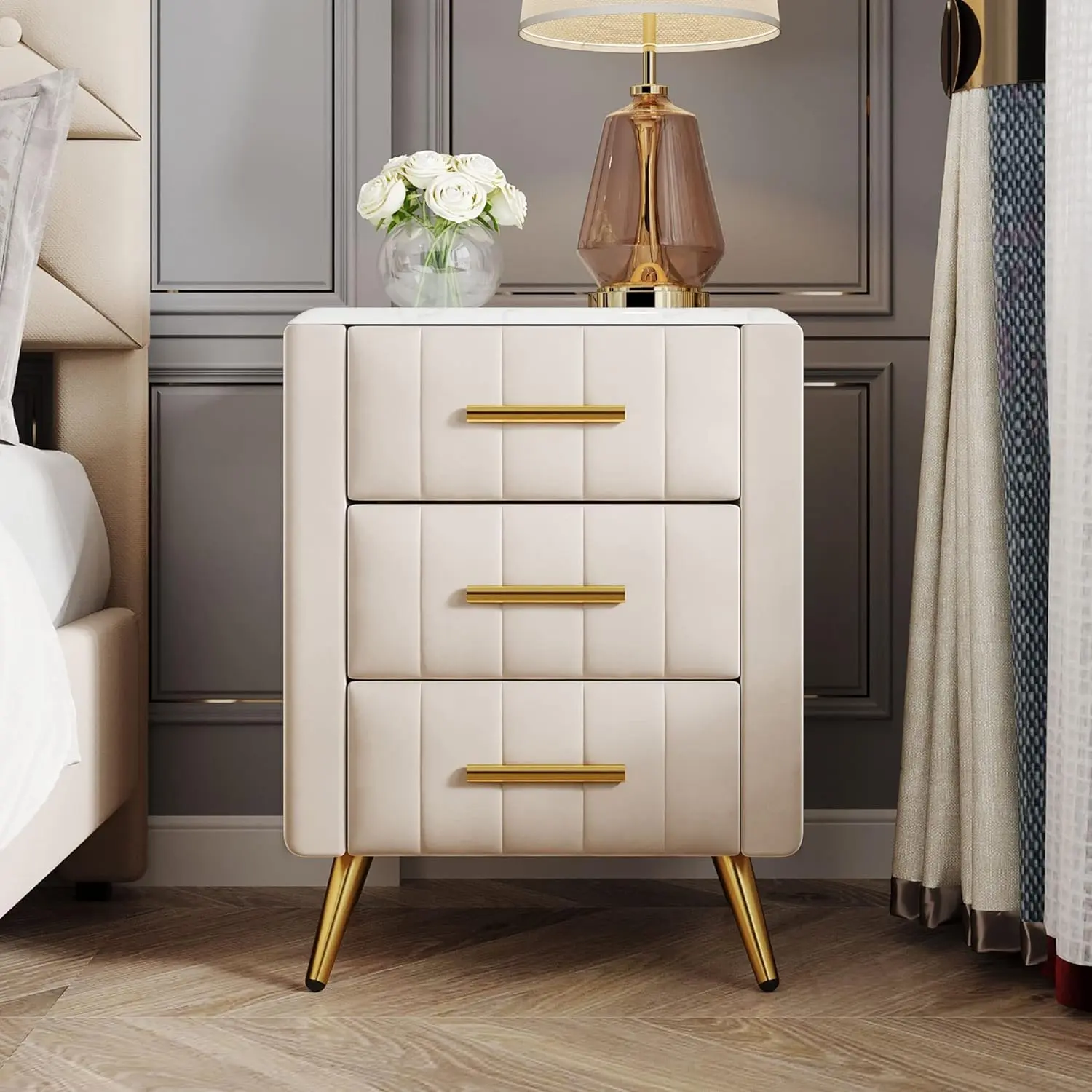 Beige Upholstered Wooden Single Box Bedroom Nightstand - Contemporary Indoor Furniture Side Table with 3 Drawers, Marbled Top, Elegant Marbling Worktop, Metal Legs, Metal Handles