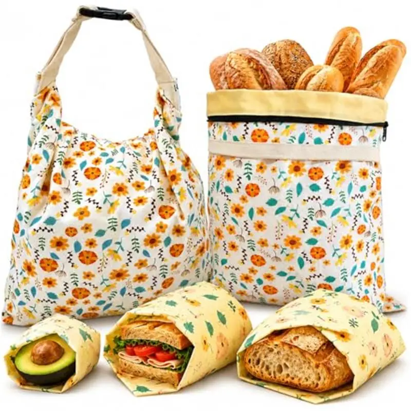 Bread Bags 17×13 Inch (2 Pack) with Zipper, and 3 Beeswax Wraps – Reusable Cotton Bread Bags for Homemade Bread Storage and Freezing, Double Seal to Lock in Moisture