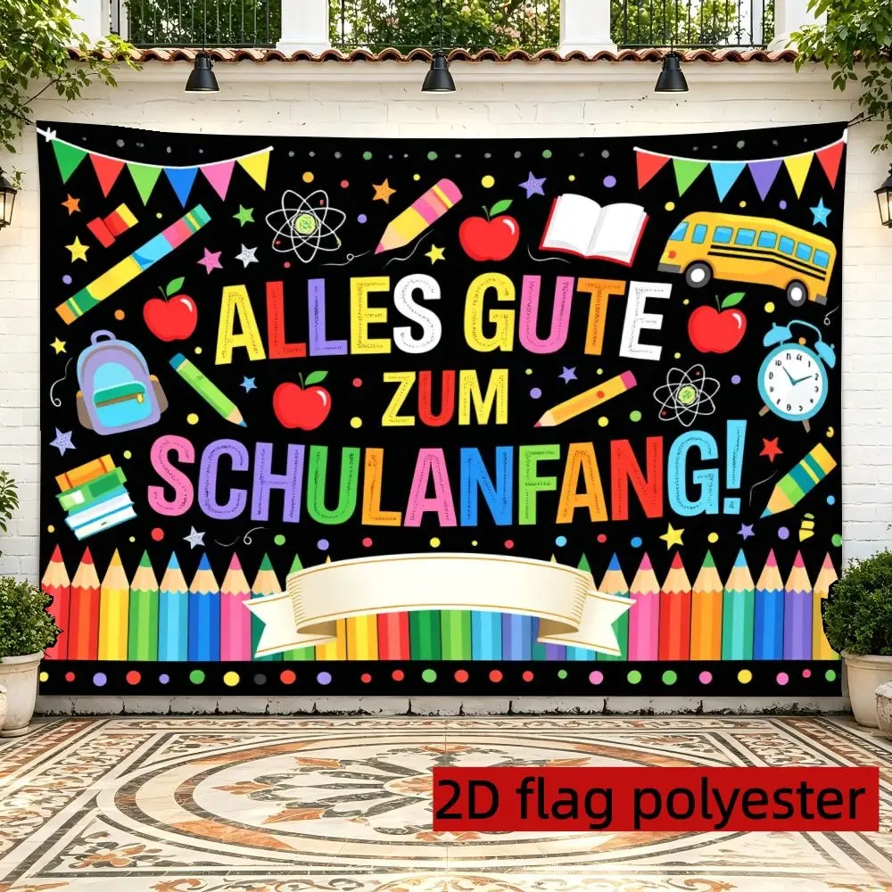 2D flat 1pc back-to-school party decoration backdrop with stationery, atoms, scroll banner design patterns, suitable for back-to-school classroom decoration, back-to-school activities, polyester material, multiple sizes available