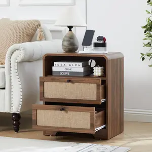 Giratree 20" Nightstand  with 2 Drawers & Charging Station (AC+USB+Type-C), Linen-Decor Mid-Century Farmhouse End Table Set with Curved Corners & Open Storage Shelf