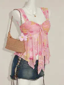 Summer Beach Vacation Ditsy Floral Mesh Halter Top, Cute Asymmetrical Hem Sleeveless Women's Transparent Shirt, Small Fresh Style