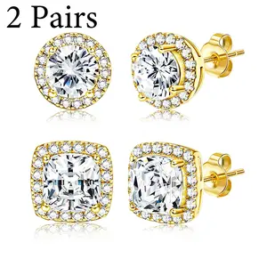 18K Gold Plated Halo Stud Earrings Cubic Zirconia Stud Earrings Round Square Stud Earrings Set for Women Men