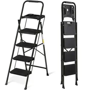 4-Step Sturdy Steel Folding Step Stool with Tool Tray and Handrail, 330lbs Capacity, Lightweight Foldable Ladder, Portable Collapsible Ladder