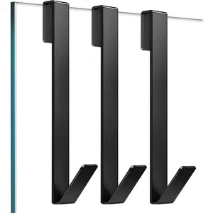 Shower Door Hooks 10/12 in, Shower Hooks for Towels, Heavy Duty Drilling-Free Extended Towel Hooks for Bathroom Frameless Glass Door, Over The Door Towel Hooks 3 Packs Black