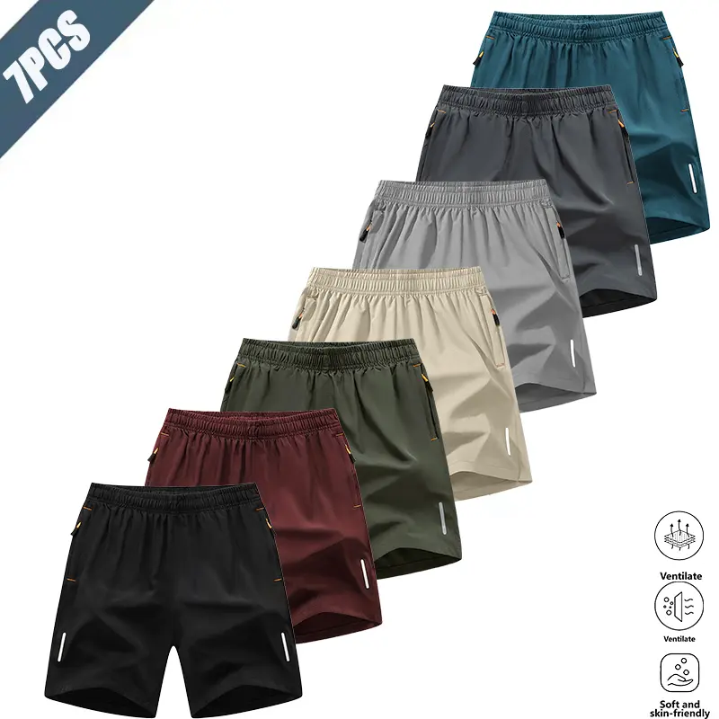 Men’s summer athletic shorts, pack of 7; casual sporty style; ice silk fabric—breathable, skin-friendly, and cool; zippered pockets for secure phone storage; side reflective strips add a stylish touch; drawstring waistband is loose yet not tight; seven-co
