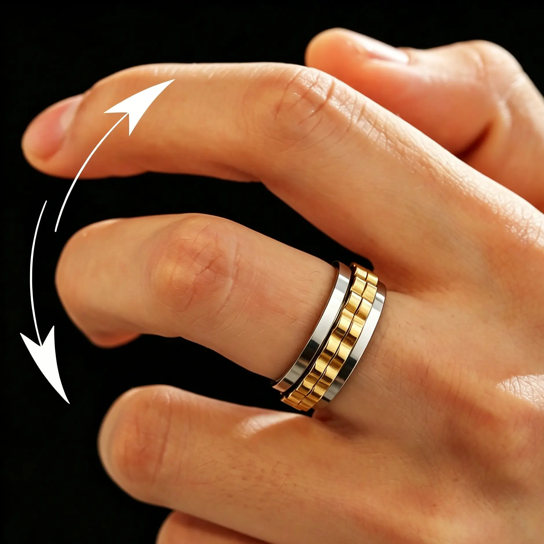 Men’s Anxiety Fidget Metal Ring - 360-Degree Rotatable, Adjustable 50g Stainless Steel, Silver-Gold Electroplated, Anti-Tarnish Fashion Stress Relief Jewelry for Everyday Wear, Father's Day Gift Option