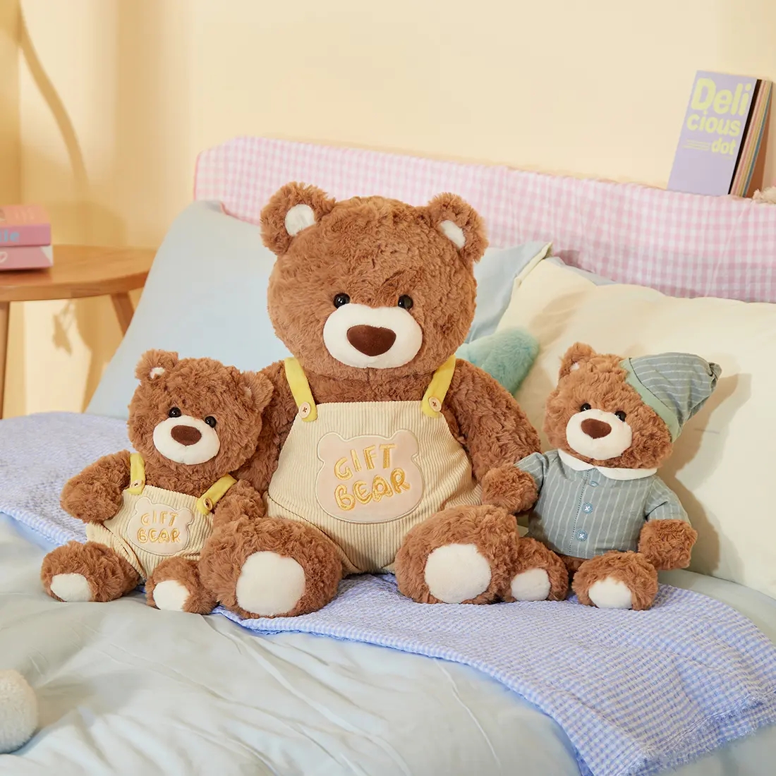 MINISO Cute Gift Teddy Bear Plush 23cm | Pajama Bear & Overalls Gift Bear Stuffed Animal Soft Plush Toy for Holiday Gift & Room Decoration