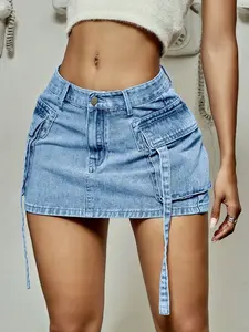 Y2K Vintage Washed Flap Pocket Strap Decor Cargo Denim Mini Skirt Casual Summer