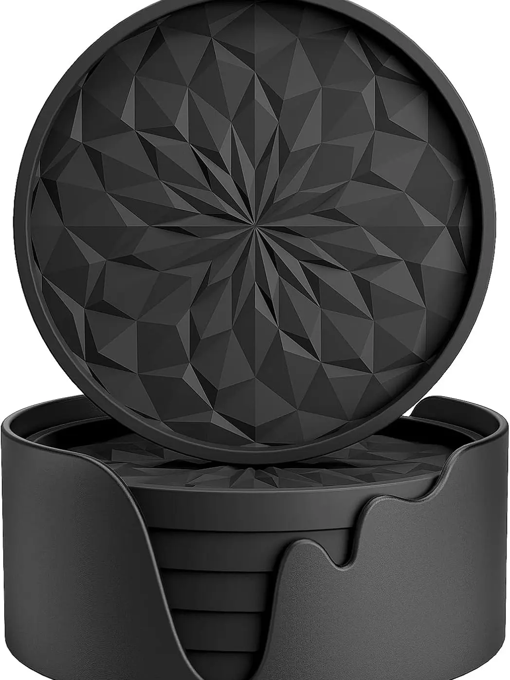 Silicone Coasters with Holder,[6 Pack] Drinking Coasters - Cup Mat for Hot or Cold Drinks, Thickened, Non-Slip, Non-Stick,Deep Tray Black Coffee Table Mat Bamboo
