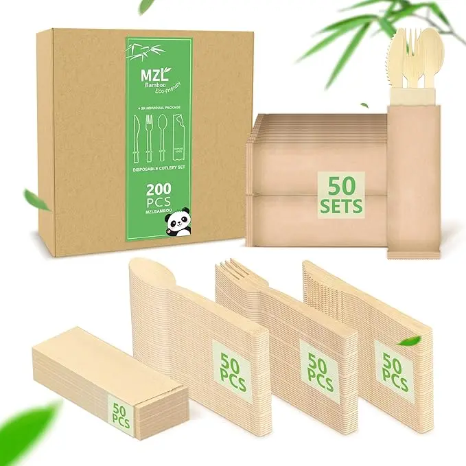 200pcs MZLBAMBOO Disposable Bamboo Tableware Set, Including Bamboo Forks, Knives, Spoons, Napkins, for Parties Picnic