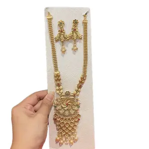 Traditional Temple Necklace with Matching Earrings - Women's Set
