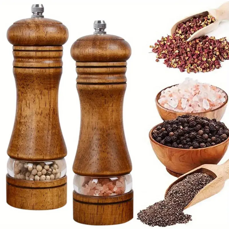 Set of 2 Wooden Pepper Grinders - Reusable Kitchen Seasoning Gadgets for BBQ - Home Supplies Spice Storage Bottles, Set Of Two