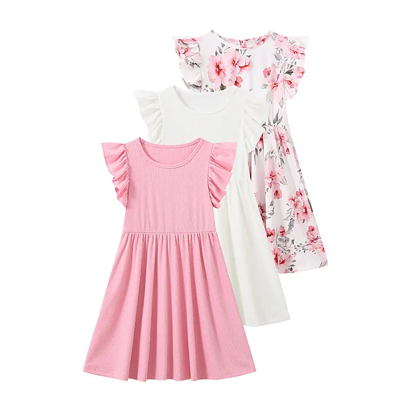 3-Piece Set of Girls' Summer Round-Neck Fashionable Flowy-Sleeve Dresses: Pretty and Cute Solid-Color and Floral-Print Versatile Trendy Dresses