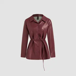 Cider [size 2-10] Faux Leather Collar Solid Button Jacket With Belt SummerWins