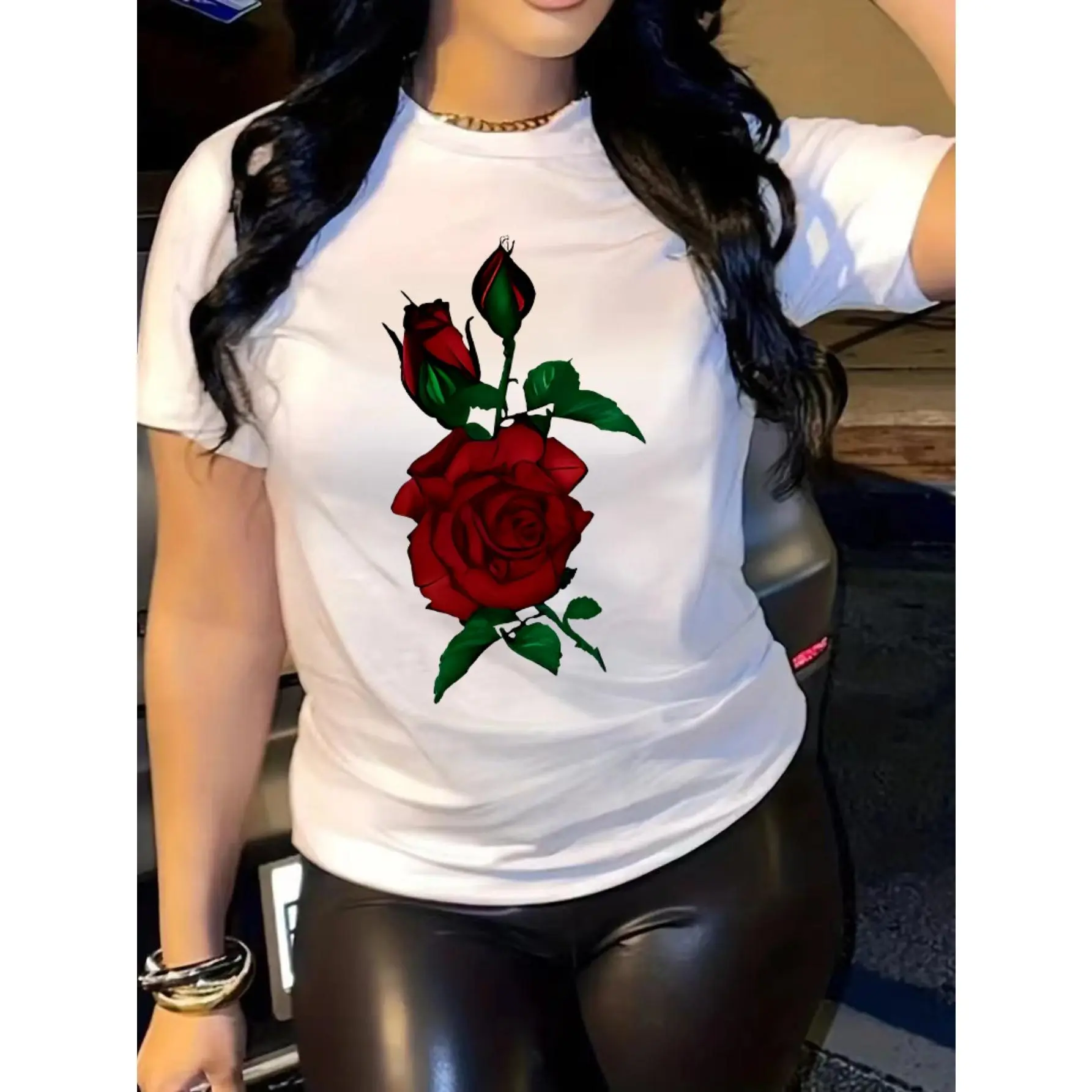 Streetwear Rose Print T-Shirt for Women, Casual Short Sleeve Crew Neck Style in a Slight Stretch Polyester Knit, Tops, Tshirt
