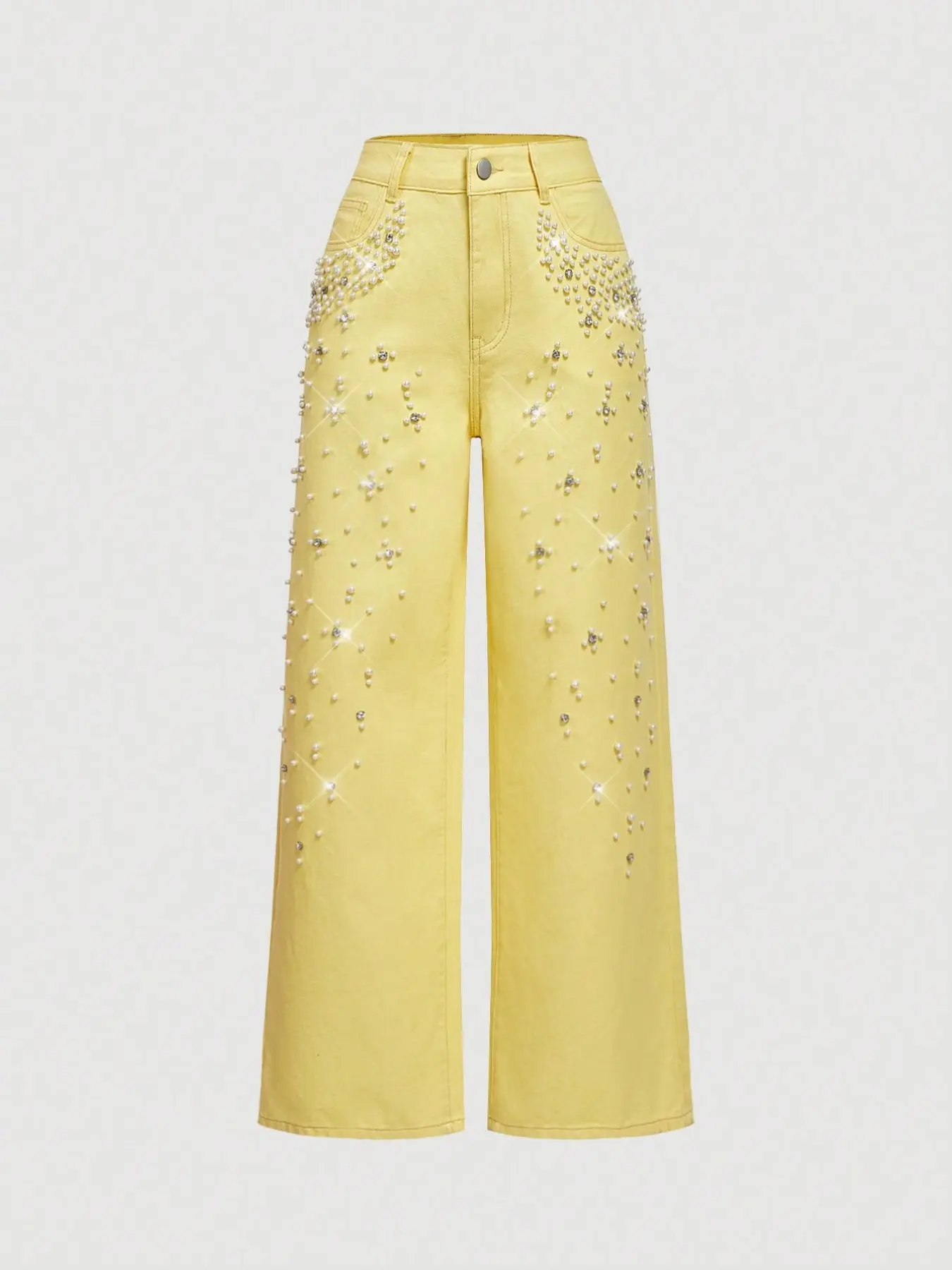 Women's Party Style Beaded Wide Leg Baggy Denim Jeans, High Waist Rhinestone Decor Loose Fit Long Pants, Trouser, All Seasons Fashion Womenswear, Jeans High Waisted