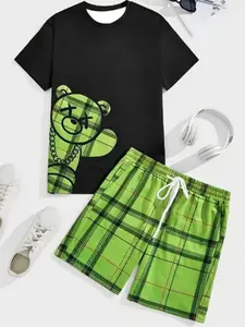 Men's Bear Pattern Short Sleeve T-Shirt and Plaid Shorts Set, Comfortable and Skin-Friendly, Casual Fitted Sleepwear