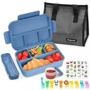 Bugucat 1300ML Leak-Proof Lunch Box with 4 Compartments for Kids & Adults - Bento Box for Boys Girls - Vesper Can Design - Ideal for Breakfast & Lunch - Includes Free Sauce Containers & Cutlery