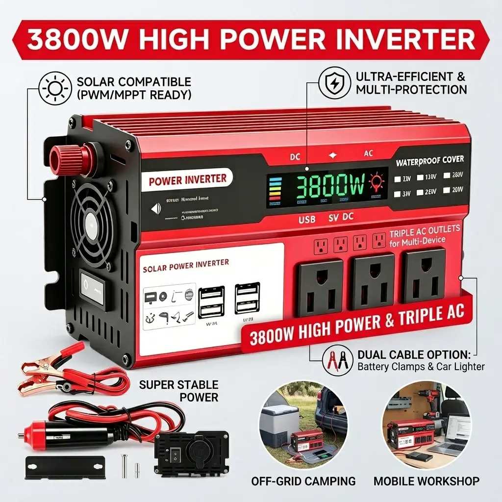 High Efficiency 3800W Vehicle DC-AC Converter, Silent Cooling Fan & Intelligent Voltage Monitor, Multi-protection Against Overload Overheat Short Circuit, Compact Power Supply for Camper Van, Outdoor Fishing & Daily Electronic Devices