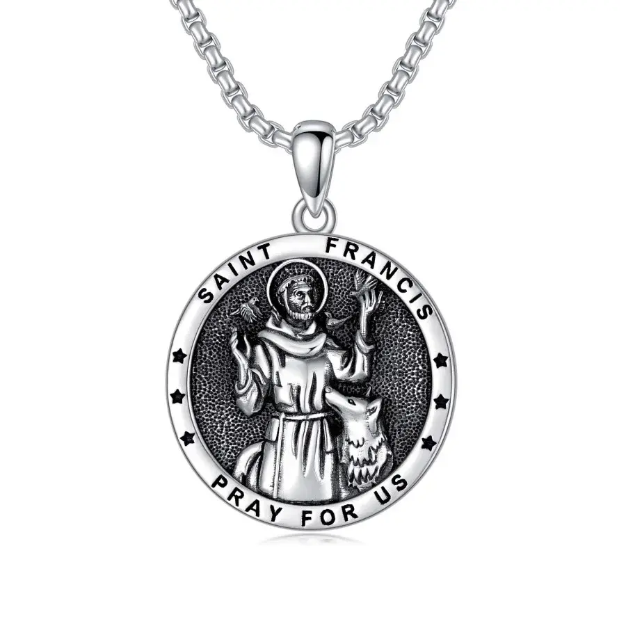 S925 Sterling Silver with Black Rhodium Saint Francis Pendant Necklace Engraved with Words