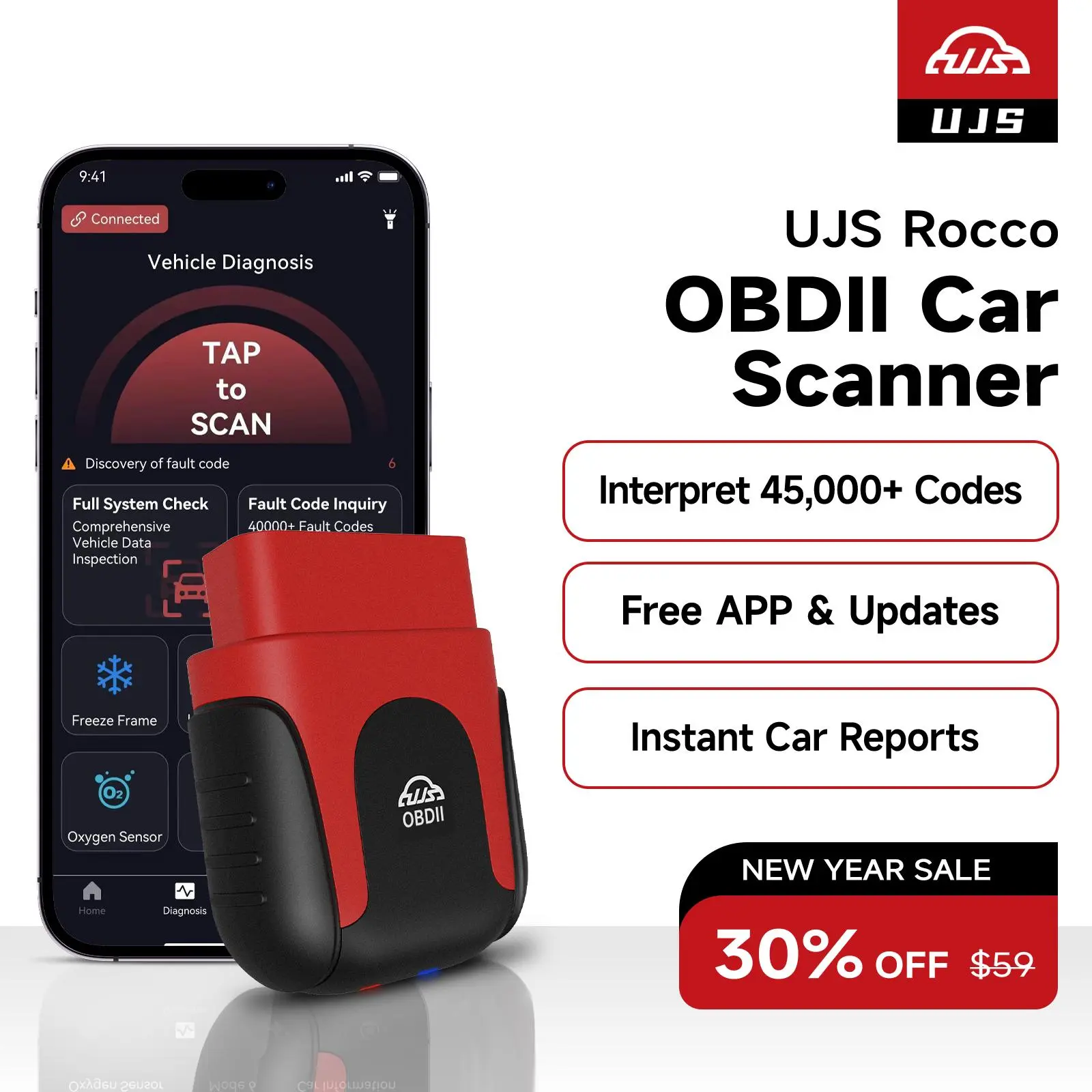 【NO SUBSCRIPTION】UJS Rocco OBD2 Scanner Automotive All System Diagnostics, 45000 Codes, Instant Reports, Free App Updates & AI Chatbot for Vehicle Safety