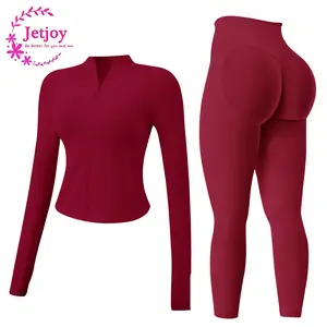 Jetjoy Workout Sets for Women,  Women 2 Piece Seamless Ribbed Workout Sets With Zip Up Jacket+ Mid-Waisted Gym Yoga Leggings SpringStatements