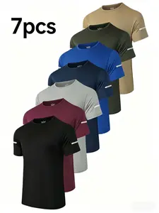 Men's Solid Sports T-Shirt with Reflective Stripes, Breathable and Quick-Dry Short Sleeve Crew Neck, Gym Wear for Fitness and Running
