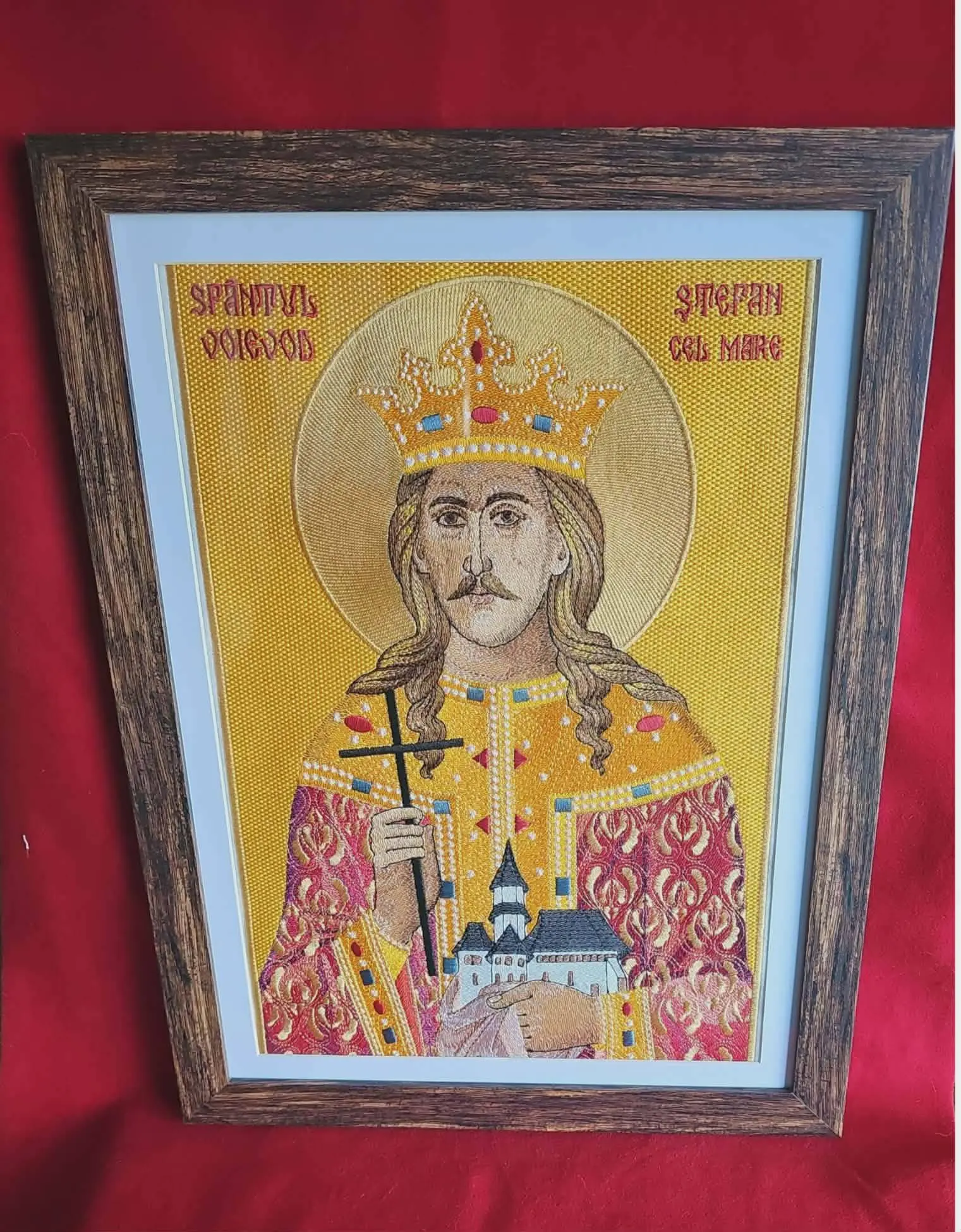 Machine Embroidered Orthodox Saint Stephen the Great Icon - Framed 11×15in, Matted 10×14inches, Embroidery 9.45×14.17in, Romanian Religious Home Decor Gift