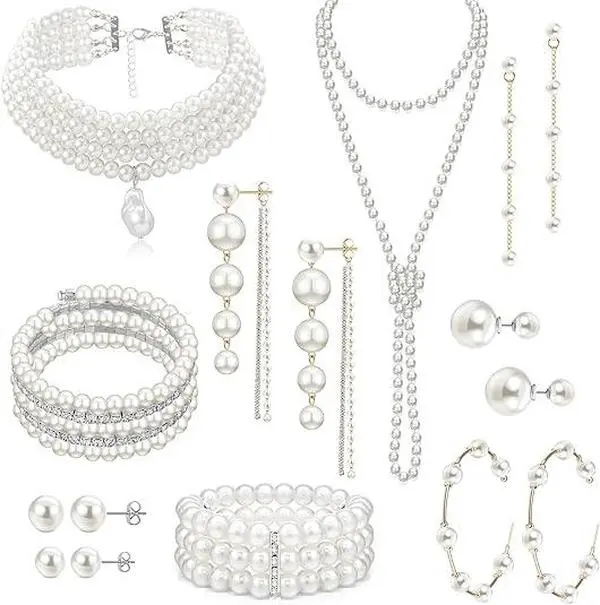 16 Pcs Artificial Pearl Necklace Earrings Set for Women Simulated Pearl Bracelet Choker Faux Pearl Necklace Dangle Earrings Jewelry Set