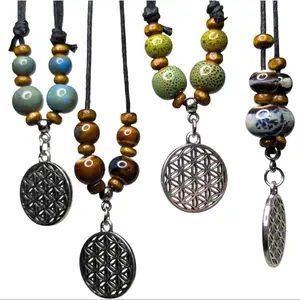 Mandala Flower of Life Silver Charm Ceramic Beaded Pendant Wooden Boho Hippie Whimsical Adjustable Silver Rope Cord Choker Stacking Necklace Jewelry