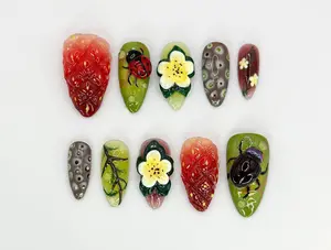 Nature Themed Press On Nails - 3D Ladybug & Flower Nail Art - Nature Inspired Nails - Summer Garden Nails - Unique Nail Arts