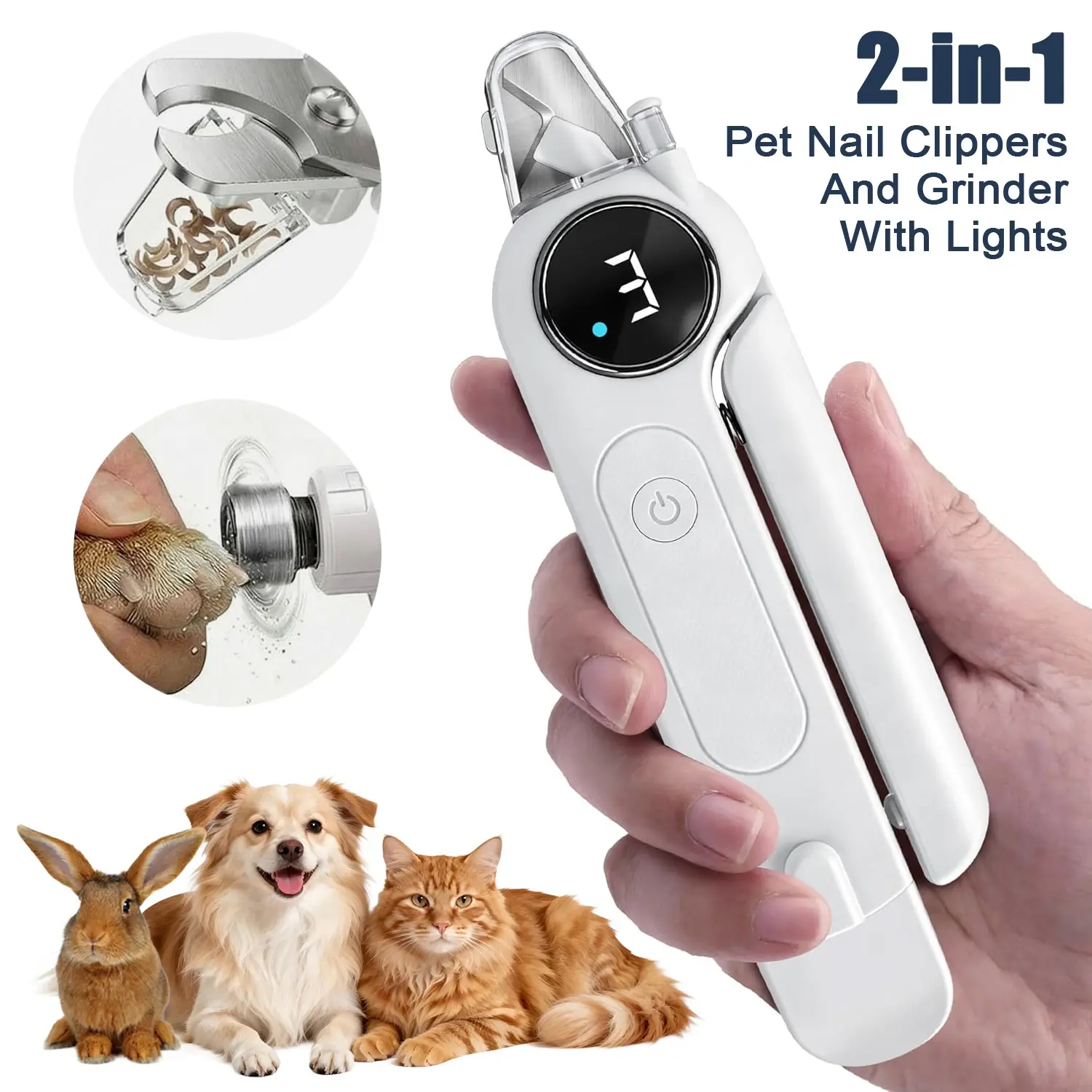 2-In-1 Dog Nail Clipper and Grinder with Light, Quiet Electric Pet Nail Trimmer, 3-Speed, Rechargeable, Splash-Proof, Safety Lock, Pain-Free Grooming Tool ()