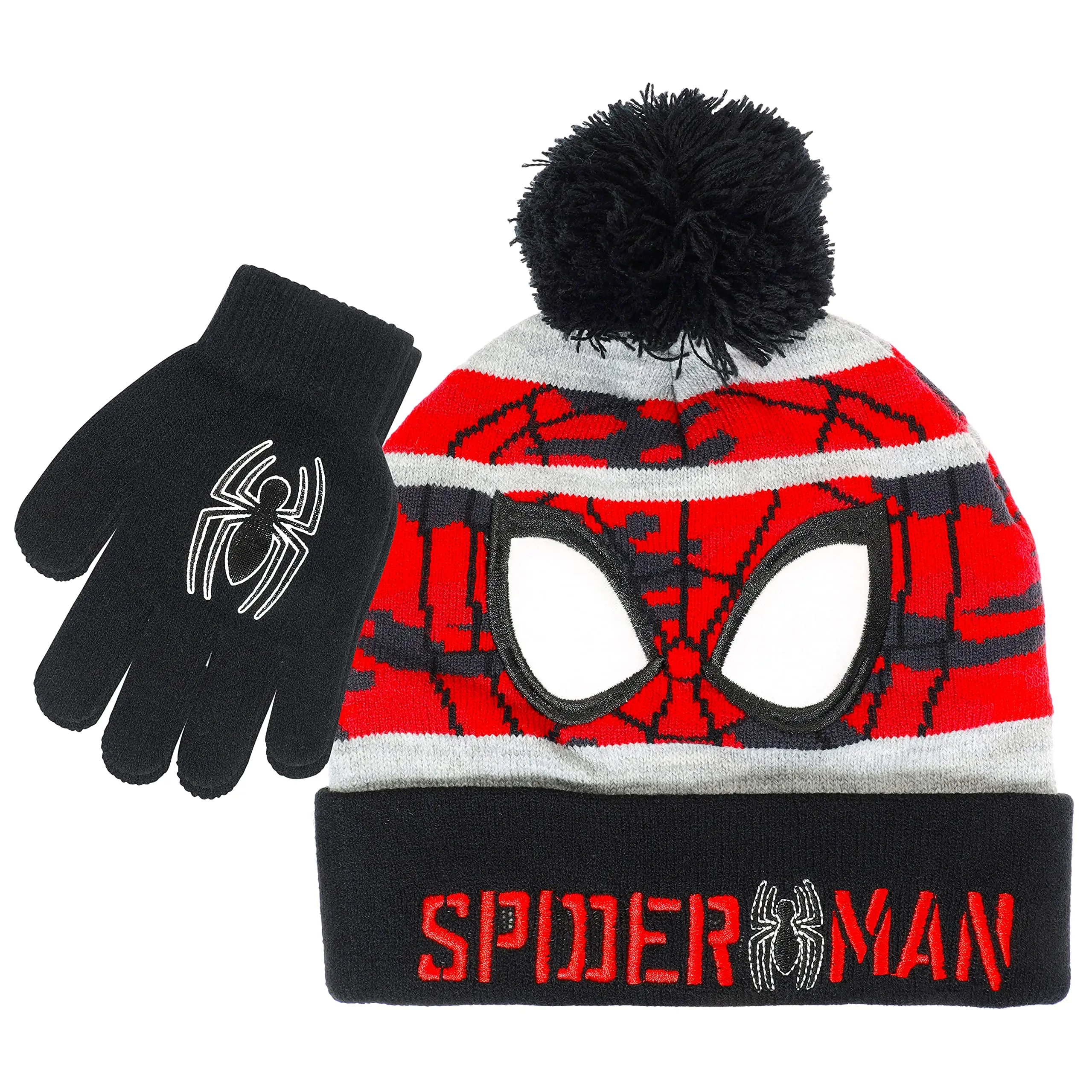 Marvel Spider-Man Boys Pom-Pom Beanie Hat and Mittens, 2-Piece Winter Set for Toddlers, Casual School Wear & Birthday Gift, Child Sized Gloves, 3 - 4 Years, Pom-Pom Hat