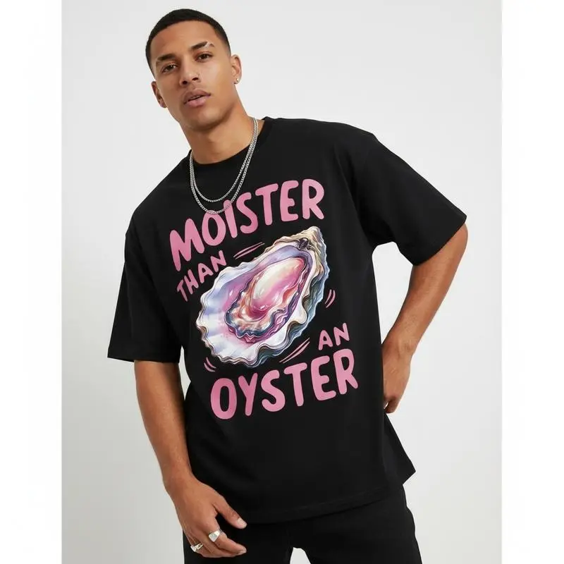 Men's Humorous "Moister Than An Oyster" Graphic Cotton T-Shirt - Bold Pink Print, Shellfish Design, Loose-Fitting, Breathable, Soft, Sweat-Wicking, High Density Textile Technology, Short Sleeve, Round Neck, Machine Washable Black Casual Menswear Top pzb01