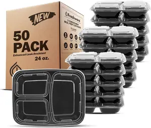 FRESHWARE 3-Compartment BPA-Free Plastic Reusable Meal Prep Containers, 50-Pack 24 oz Stackable Bento Food Containers with Lids for Lunch & Portion Control