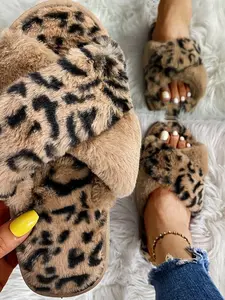 Women's Leopard Print Crossed Plush Sandals Slipper, Fashionable Textile Upper, Rubber Sole, All-Seasons, Less Than Ankle Height, Home & Outdoor Wear, Soft Slipper Sandals