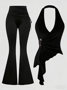 Elegant Spring & Fall Two-Piece Set, Flared, Halter Neck, Slim Fit Design, Plain Pattern, Fashionable, Perfect for Daily Wear