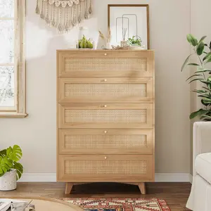 SIkaic Rattan 5-Drawer Tall Dresser With Natural Rattan Wooden Cabinet Gold Handles Modern Storage Chest for Bedroom Nursery Living Room Entryway