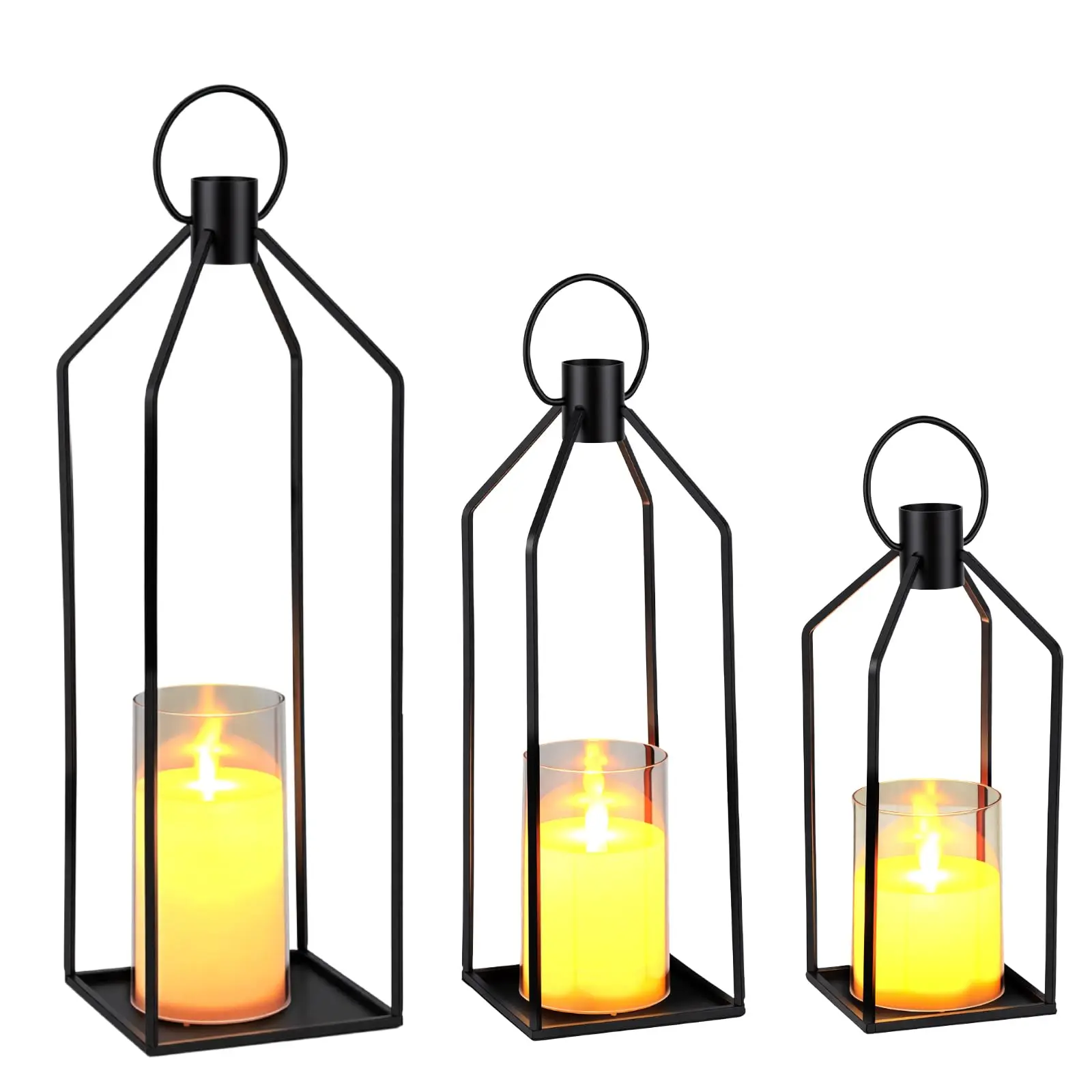 12+15+19in Metal Modern Farmhouse Lanterns Decor with Flameless Flickering LED Candles and 6H Timer, Indoor Outdoor Decorative Lantern