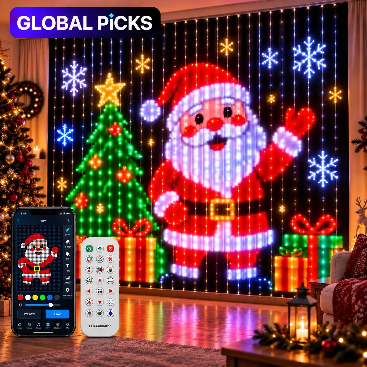 IP65 Waterproof DIY Pixel Curtain RGB Smart LED Lights, SURPLIFE APP Control with Custom Text & Patterns, Music Sync, Outdoor-Safe, Customizable Lighting, RGB Ambient Smart Control Decorative Lights for Room Festive Decor (With Hooks)