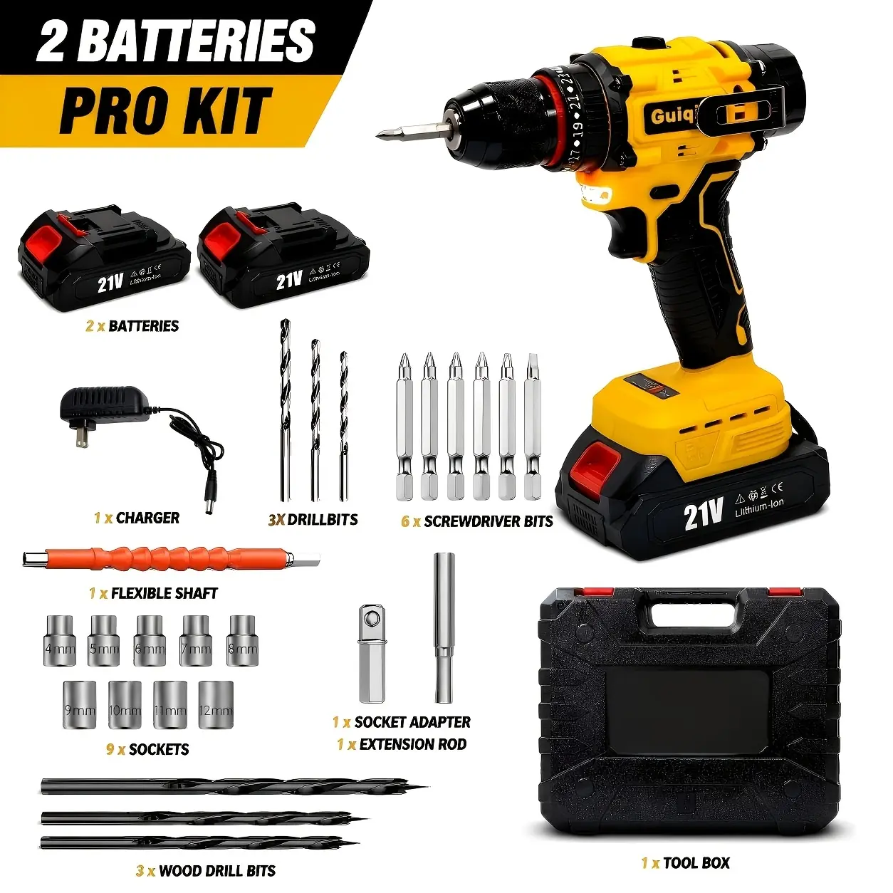 Cordless Impact Drill Set, 21V Electric Drill Kit, 80Nm Power, 2-Speed, Keyless Chuck, LED Light, With 1/2 Battery & Charger Included, Many Accessories, Ideal For Home Repair