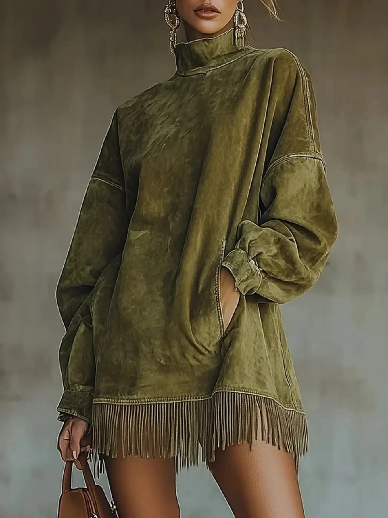 Olive Green Acid Wash Fringe Sweatshirt Dress Casual Wear | Mock Neck Oversized Maxi Tunic Dress | Country Concert Rodeo Outfit